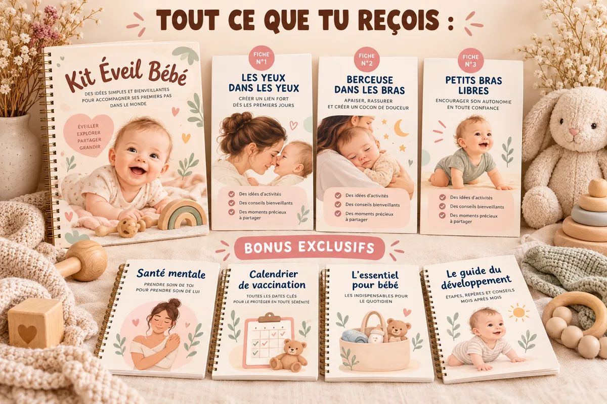 Tout ce que tu reçois : le Kit Éveil Bébé, 4 bonus, 131 activités et plus de 100 conseils pratiques